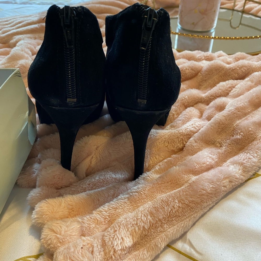 Size 10 sheer black suede heel bootie, back zip Jessica Simpson sexy heel
